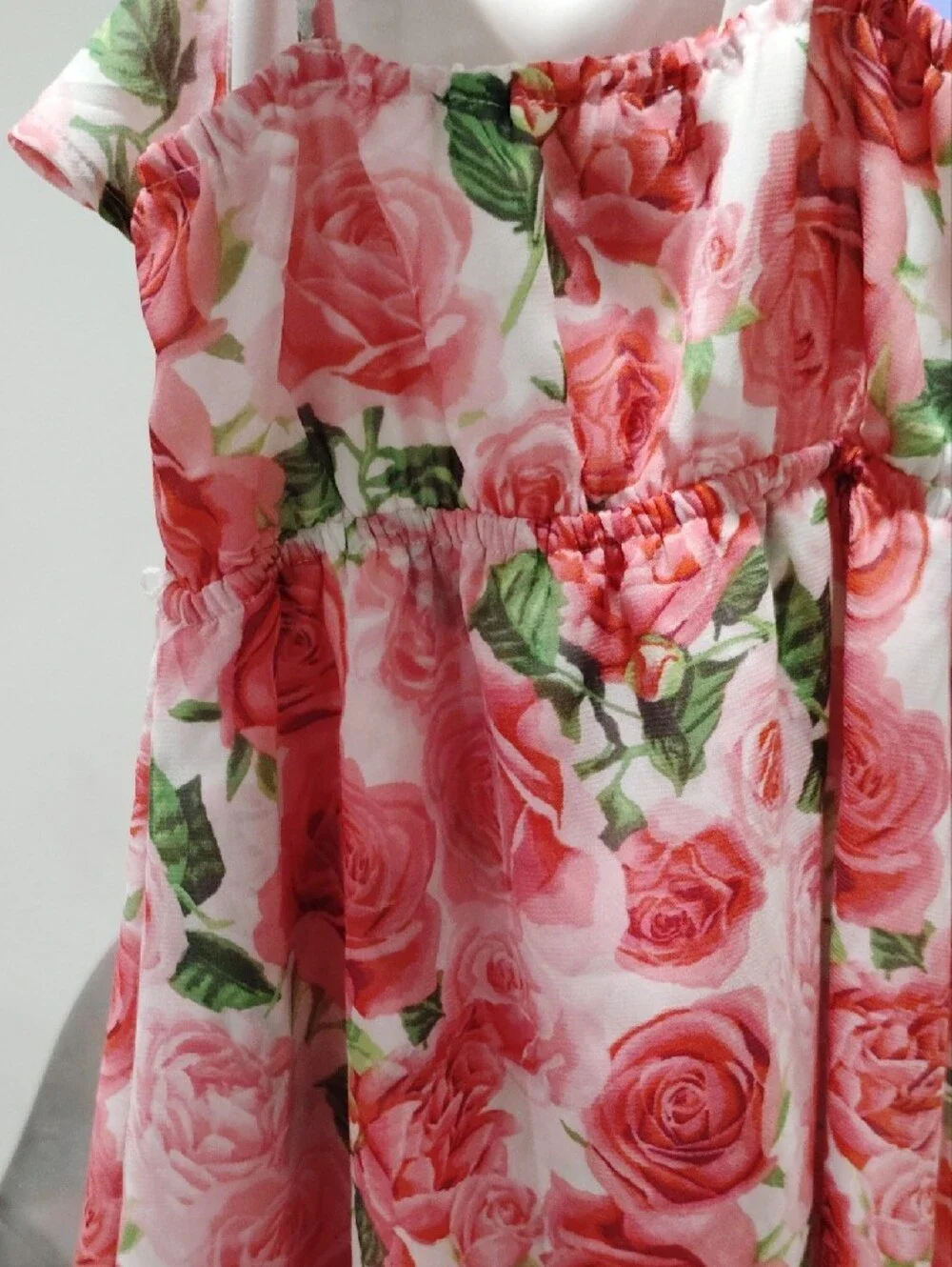 Girls Pink Rose Print Sundress - Floral Spaghetti Strap Dress
